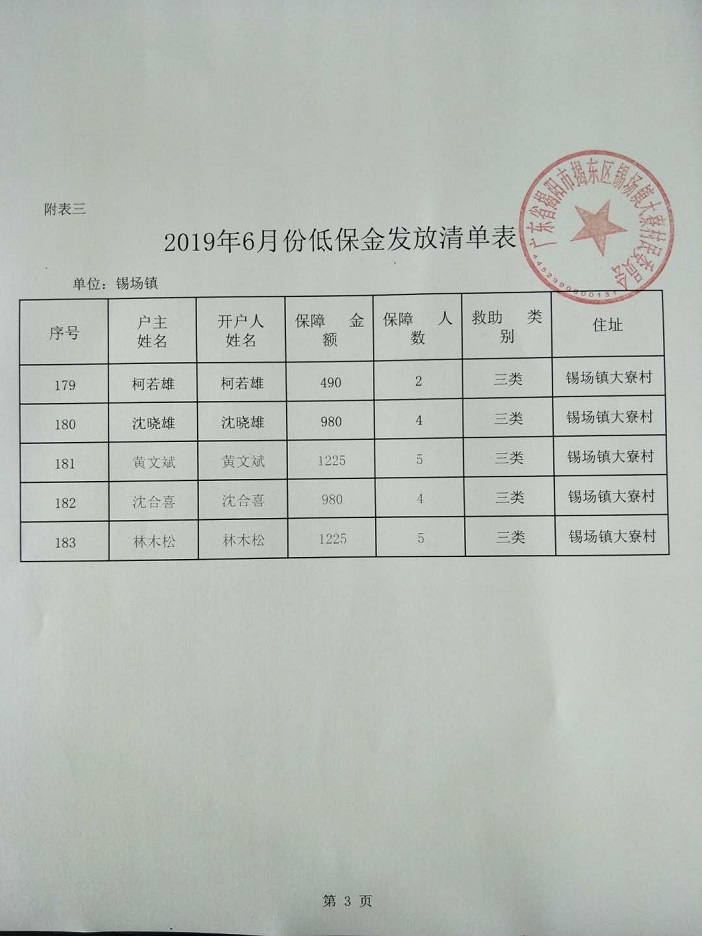 2019年6月份低保金发放清单表
